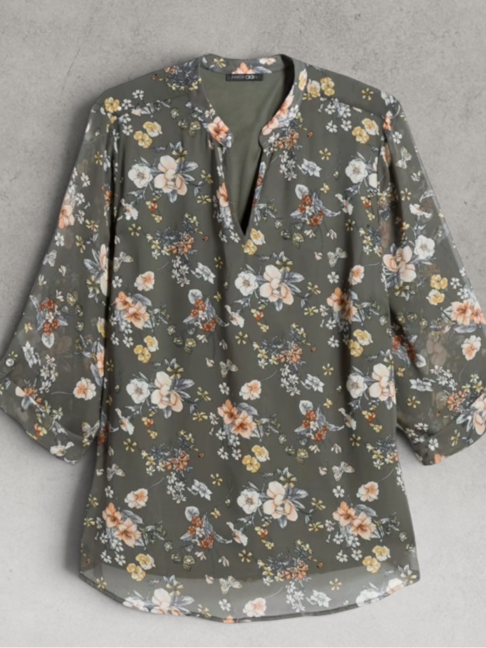 paper doll Charcoal Floral V-Neck Roll-Tab Blouse
